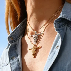 Edgy Hollow Bull Skull Pendant Necklace Modern Western Y2K Aesthetic Stainless Steel Chain Unique Statement Choker for Her