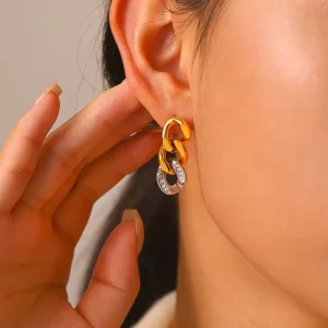 Edgy Two Tone Cuban Zircon studded Drop Earrings Non Tarnish 18K PVD Gold Plated Stainless Steel Dangle Studs for Women
