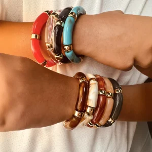 Elastic Vintage Gold Plated Women Bohemian Charm Bracelet Stacked Colorful Marble Chunky Acrylic Beads Crystal