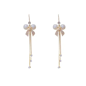 Electroplated Alloy Butterfly Knot Pearl Zircon Tassel Drop Earrings