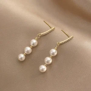Elegant 14K 18K Gold Plated Drop Fashion Jewelry White Shell Bead Pearl Dangle Stud Earrings for Women