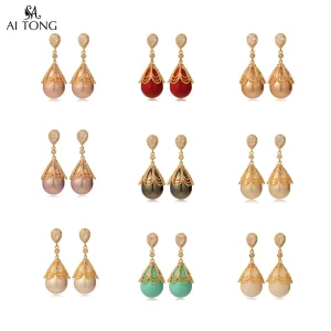 Elegant 14K Gold Plated Teardrop CZ Dangle Earrings Vintage Filigree Frame Oval Pearl Fashion Drop Earrings for Wedding Party
