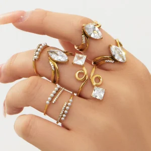 Elegant 18K Gold PVD Plated 316L Stainless Steel Marquise Zirconia Pearl Open Ring Women Tarnish Free Waterproof Bridal Fashion