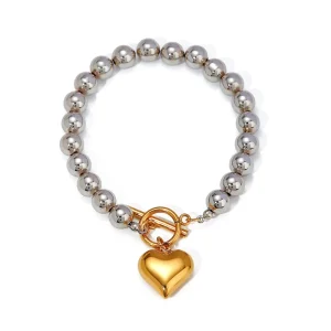 Elegant 18K Gold Plated Stainless Steel Chunky Beaded Bracelet Gold Heart Shape Pendant Bracelet Fashion Jewelry for Women