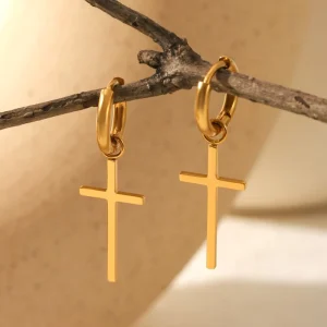 Elegant 18K Gold Plated Stainless Steel Cross Drop Earrings Daily Religious Event Gifting Fashion Jewelry