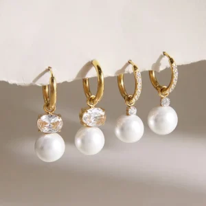 Elegant 18K Gold Plated Stainless Steel Cubic Zirconia Shell Pearl Pendant Earrings for Women
