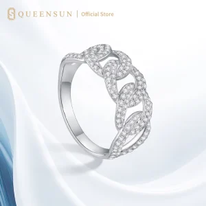 Elegant 18K Rose White Gold Cuban Link Diamond Ring Iced Out Full Pave Open Chain Link Bold Wide Statement Women Gift