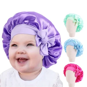 Elegant 2 6 Years Kids Satin Bonnet Fashionable Silk Satin Sleep Hair Bonnet Hat with Tie Baby Headband Accessories
