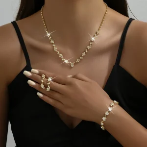 Elegant 3 Pcs Set Crystal Geometric Prom Earrings Bracelet Bridal Rhinestone Necklace Costume Jewelry Sets for Wedding