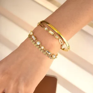 Elegant Aesthetic Square Rectangle Crystal Bracelet Link Chain Stainless Steel Bracelets Tarnish Free Timeless Jewelry Gift