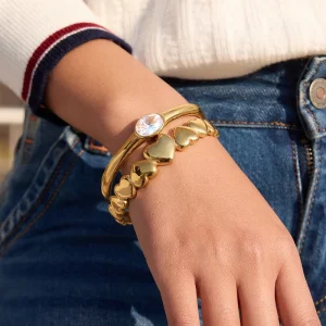 Elegant Aesthetic Statement Cuff Bracelet Shimmering Egg Shape Stone Open Bangle Tarnish Free Everyday Wear Modern Jewelry