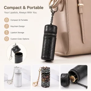 Elegant Bag Charm Lipstick Holder Keychain Compact Lightweight Travel Makeup Organizer for Women Leather Keychain