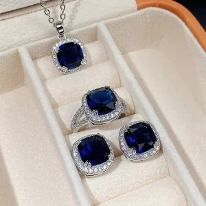 Elegant Blue Cubic Zircon Necklace Ring Earring Set Luxury Gold Plated Wedding Party Jewelry Accessory Gift for Women