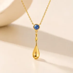 Elegant Blue Gemstone Drop Necklace Stainless Steel Gold Plated Water Drop Pendant Fashion Jewelry for Women