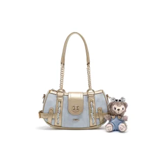 Elegant Blue & Gold Women’s Tote Bags Chain Strap Flap Lock Closure Bear Charm Multi-use Messenger Bags Made China OEM Brand