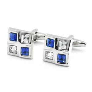 Elegant Blue White Crystal Diamond Cufflinks Custom Mens Suit Shirt and Tuxedo Fashion Accessory Trendy Tie Clip