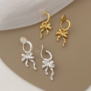 Elegant Bow Knot Ribbon Mosquito Coil Ear Clips 18K Gold Plated Earrings Dangle Design Non Pierced Clip on Earrings
