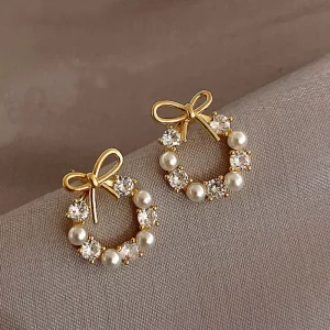 Elegant Bow Pearl Earrings Fashionable Gold Plated Zircon Jewelry