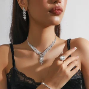 Elegant Bridal Simple Beautiful Costume Women’s Banquet Diamond Fashion Necklace Earrings Ring Bracelet Jewelry Set