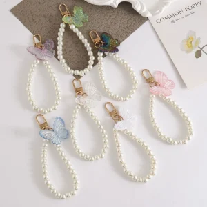 Elegant Butterfly Imitation Pearl Keychain Fashion Resin Butterfly Phone Chain Pearl Bead Wristlet Bag Charm For Women