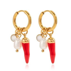 Elegant Chili Pearl Earring 18K Gold Stainless Steel Fashion Oiled Red Chili Zircon Pearl Earrings