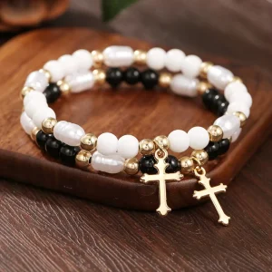 Elegant Cross Pendant Bracelet Set Black Agate Pearl Women Fashion Bracelets Stacked Jewelry Gifts