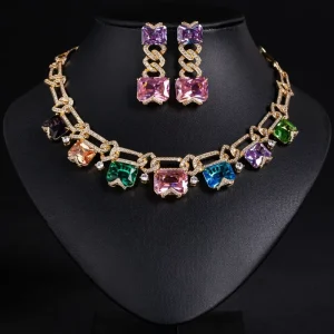 Elegant Cubic Zirconia Square Design Necklace and Earrings 2PCS Women Bridal Engagement Party Accessories S 0100