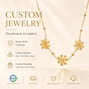 Elegant Daisy Flower Pendant Necklace 18k Gold Plated Stainless Steel Triple Floral Charm Beaded Chain Jewelry for Her