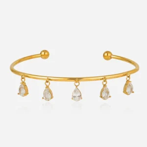 Elegant Delicate Tassel Teardrop CZ Bangle 18K Gold Stainless Steel Minimalist Teardrop Zircon Tassel Bangle Bracelet