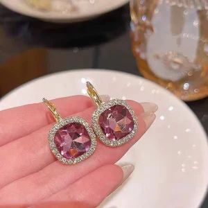 Elegant Diamond Purple Stone Square Flash Drop Earrings for Women Vintage Jewelry Party Wedding Trendy Earrings Party Gift