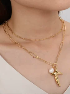 Elegant Double Layer Paperclip Chain Necklaces with Natural Pearl Cross Pendant Summer Beach Choker Necklace Women Daily Jewelry