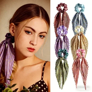 Elegant European Handmade Satin Pleated Scrunchies 35cm Vintage Ribbons Women’s Ponytail Hair Ties