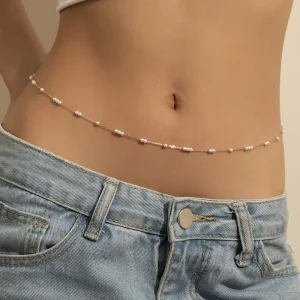 Elegant Fashion Body Jewelry Sexy Small Seed Bead Pearl Waist Chain Female Trend Geometric Metal Chain Single Layer Body Chain