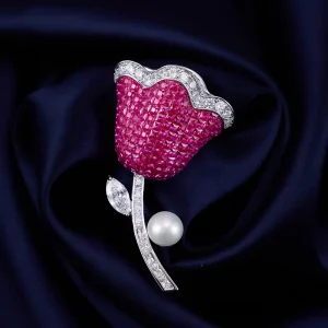 Elegant Fashion Customised Micro Pave Zircon Red Rose Pearl Brooch Exquisite Bling Rhinestone Women Brooch