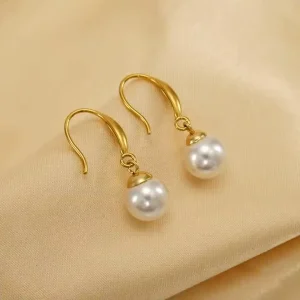 Elegant Fashion Stainless Steel High end Pearl Hoop Earrings Non tarnish Jewelry Earrings for Women