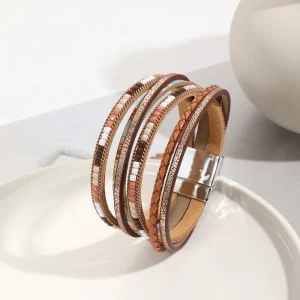 Elegant Fashion String Bracelets with Stainless Steel Buckle Trendy Chain Link and Leather Bracelets Bangles for Women Jewelry