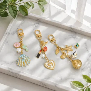 Elegant Fashion Women’s DIY Metal Keychain Handbag Hanging Pendant with Heart & Shell Starfish Pearls Keyring