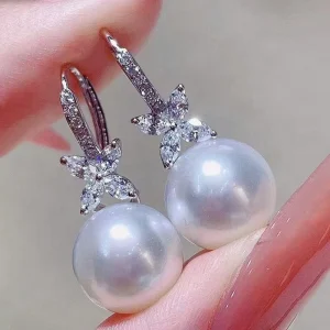 Elegant Flower Design Cubic Zirconia Pearl Earring for Wedding Fashion Party Silver Plated CZ Drop Earrings Women Jewelry