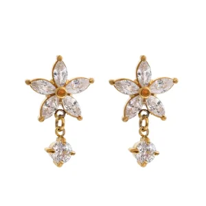 Elegant Flower Shaped Stainless Steel Drop Earrings Charm Cubic Zirconia Earrings for Women
