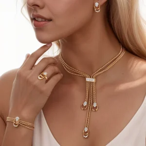 Elegant French Fashion Alloy Women’s Jewelry Set 4 Piece Crystal Tassel Necklace Earrings Ring Bracelet Party Wedding Gift
