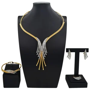 Elegant Gold Plated Tassel Jewelry Set Rhinestones Women Necklace Earrings Bracelet Ring Set Evening Dress X0011330