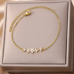 Elegant Gold Stainless Steel Bracelet for Women and Girls Zircon Flowers and Plant Charm Bangles