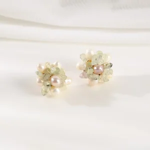 Elegant Green Crystal Stud Earrings With Natural Freshwater Pearls Retro Light Luxury Ear Jewelry for Autumn Winter Wear