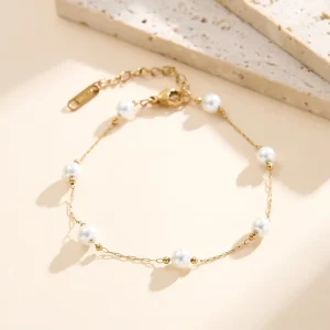 Elegant High Polished 5mm White Pearl Bead Gold Ball Spacer Dainty Chain Bracelet Solid Stainless Steel 18K Gold Plated