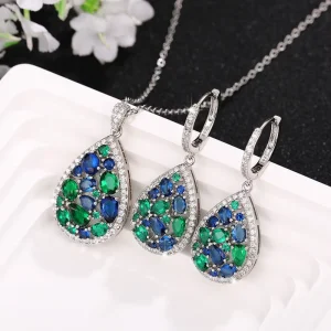 Elegant Inspired Jewelry Set Blue Green Gemstone Long Necklace Colorful Brass Pendant Fashion Women Earring