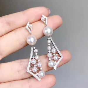 Elegant Irregular Geometric Shaped Pearl Silver Plated Long Hanging Earring for Women CZ Pendant Earrings Fashion Jewelry