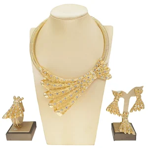 Elegant Italian Gold Plating Jewelry Set Fan-shaped & Rhinestone Embellished Perfect Party Jewelry for Women