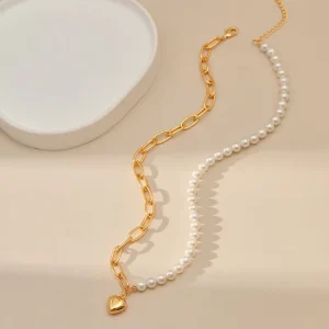 Elegant Jewelry Skeleton Paper Clip Patchwork Chain Bead Necklace Half Chain Half Pearl Necklace