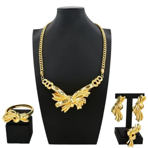 Elegant Knotted Bow Gold Tone 3pc Jewelry Set Necklace Cuff Bangle Earrings Female Daily Wear Outfit Accessory HK025622