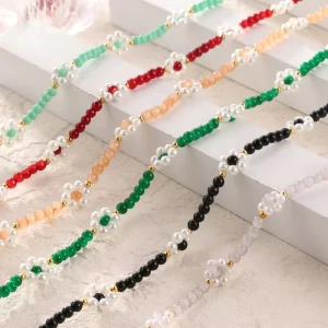 Elegant Korean Style Gold Plated Stainless Steel Beaded Necklace Flower Woven Accessories Handmade Diamond Natural Stone Vintage